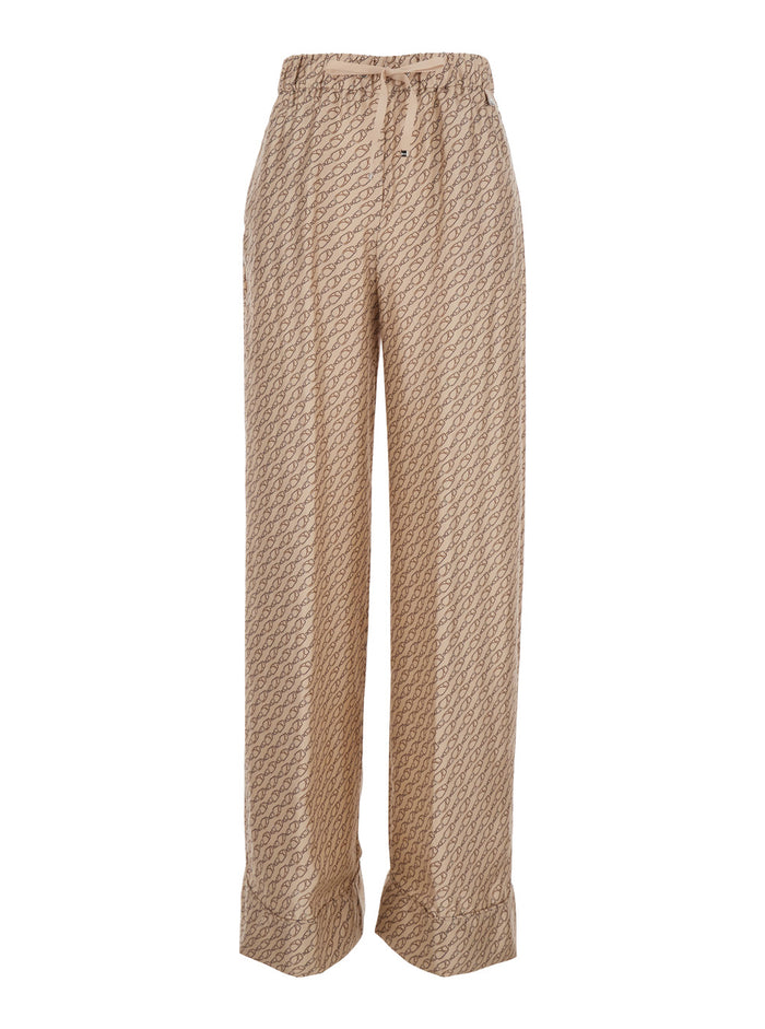 Beige Silk Pants with Elastic Drawstring Waist and All-Over Print Woman Trousers