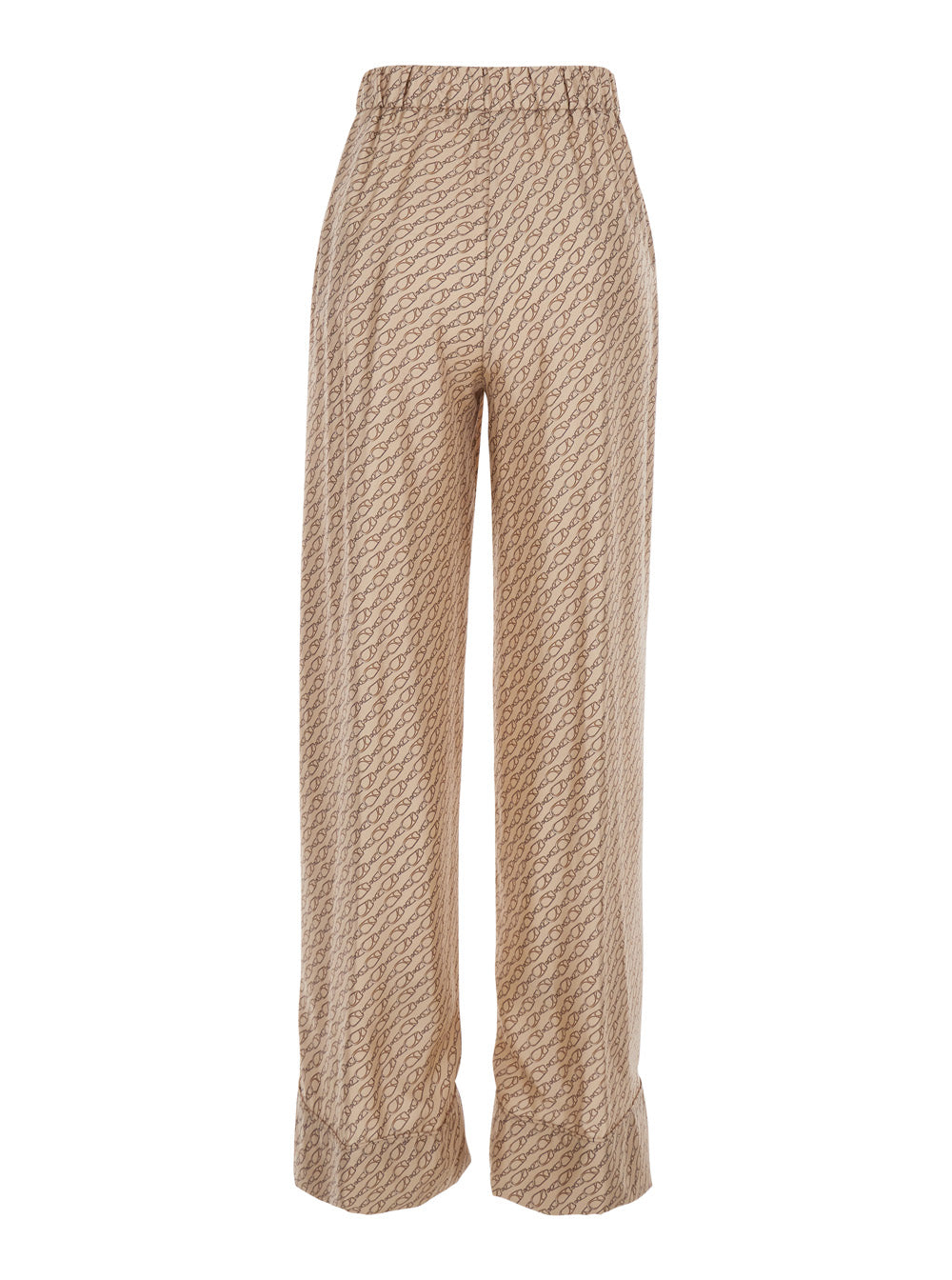 Beige Silk Pants with Elastic Drawstring Waist and All-Over Print Woman Trousers
