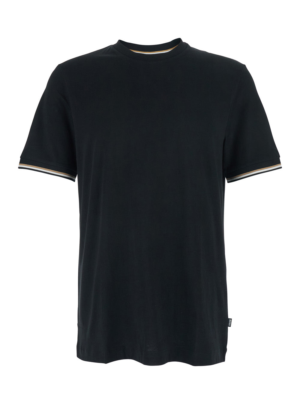 Black Crew Neck T-Shirt with Contrast Details on Sleeves for Men Cotton Tshirts And Polo Shirts
