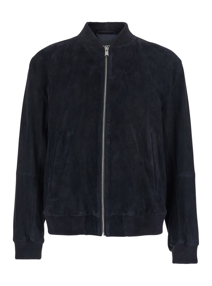 Blue Jacket With Cuban Collar And Two Welt Pockets On The Front Suede For Men Blu