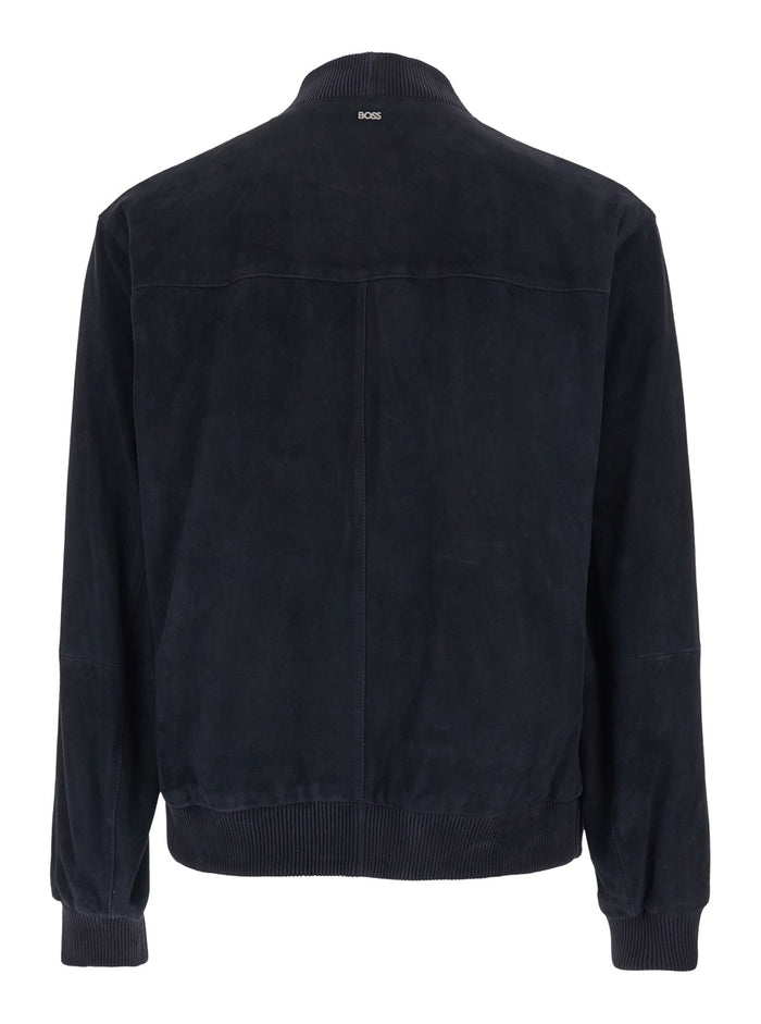 Blue Jacket With Cuban Collar And Two Welt Pockets On The Front Suede For Men Blu