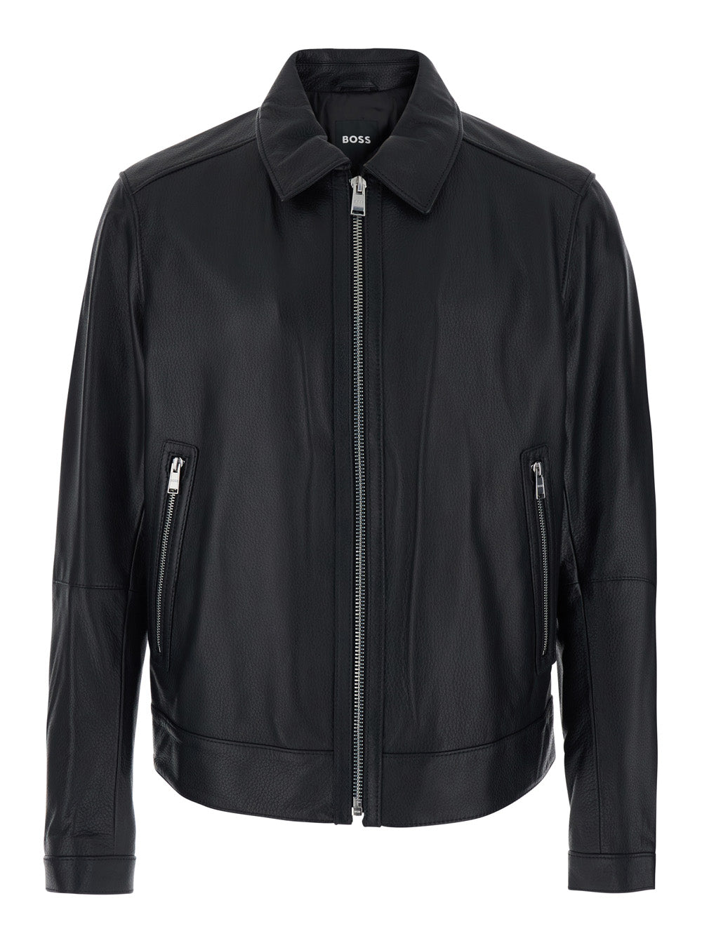 Black Jacket With Classic Collar And Zip Closure On The Front Leather For Men Lamb