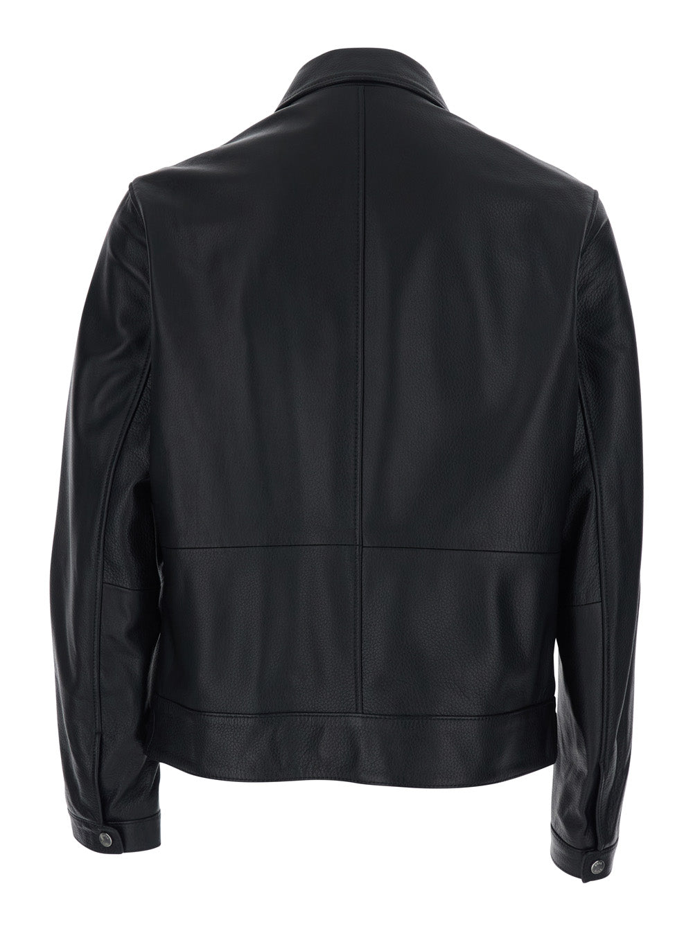 Black Jacket With Classic Collar And Zip Closure On The Front Leather For Men Lamb