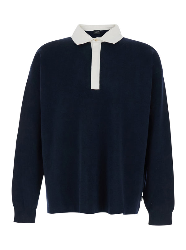 Polo Collar Sweater Blue Cotton-Wool T-shirts
