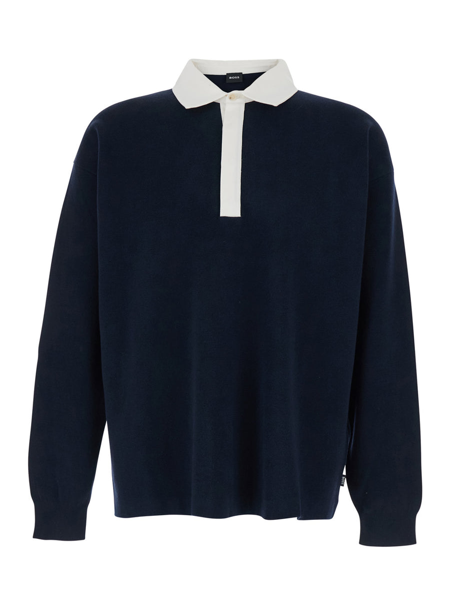 Polo Collar Sweater Blue Cotton-Wool T-shirts