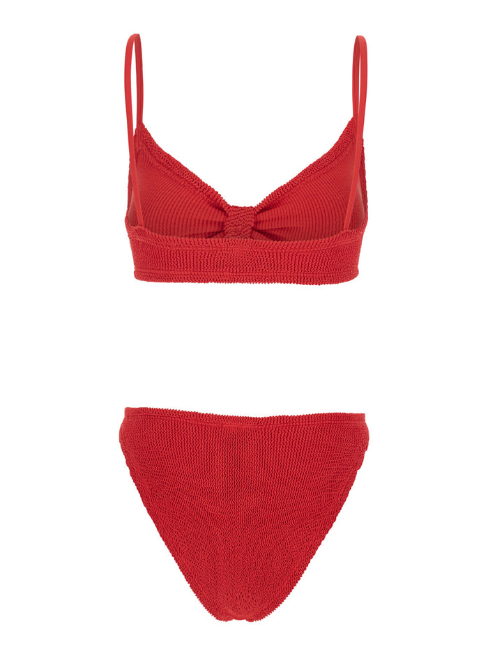 Alicia Bikini with Fixed Thin Straps and Front Knot in Red Stretch Tech Fabric for Women Beachwear