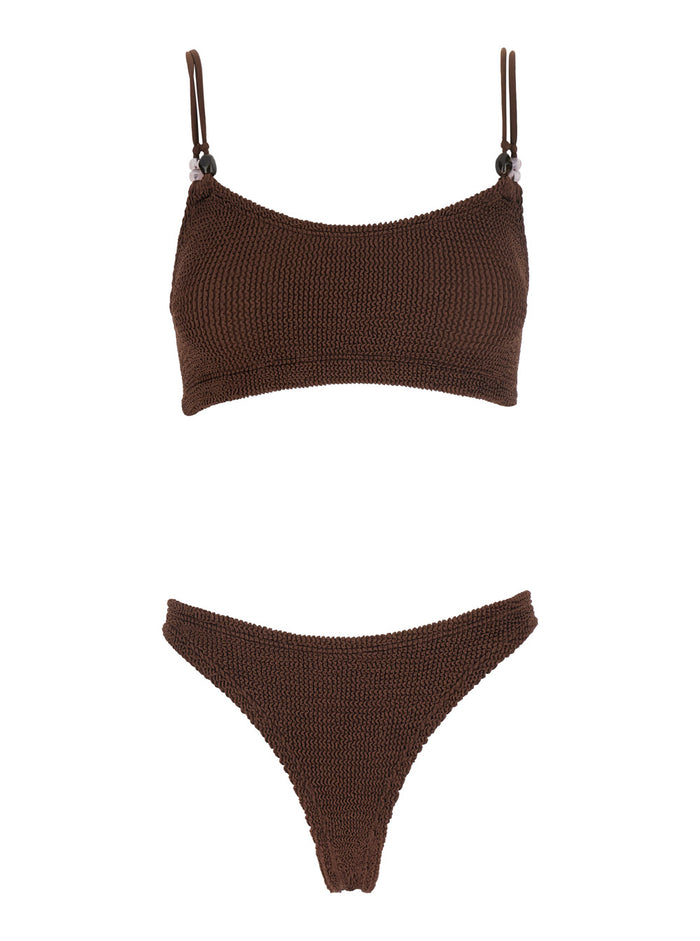 Cassie Beaded Bikini - Brown Stretch Fabric Women Beachwear