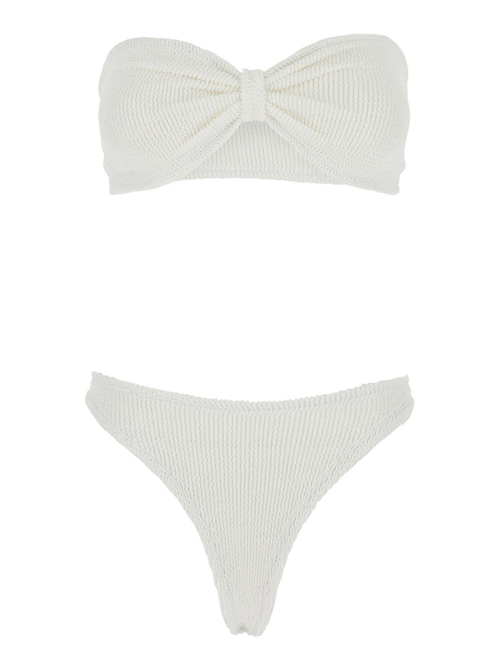 Bikini Jean with Bandeau Design and Front Knot in White Tech Fabric for Women Beachwear