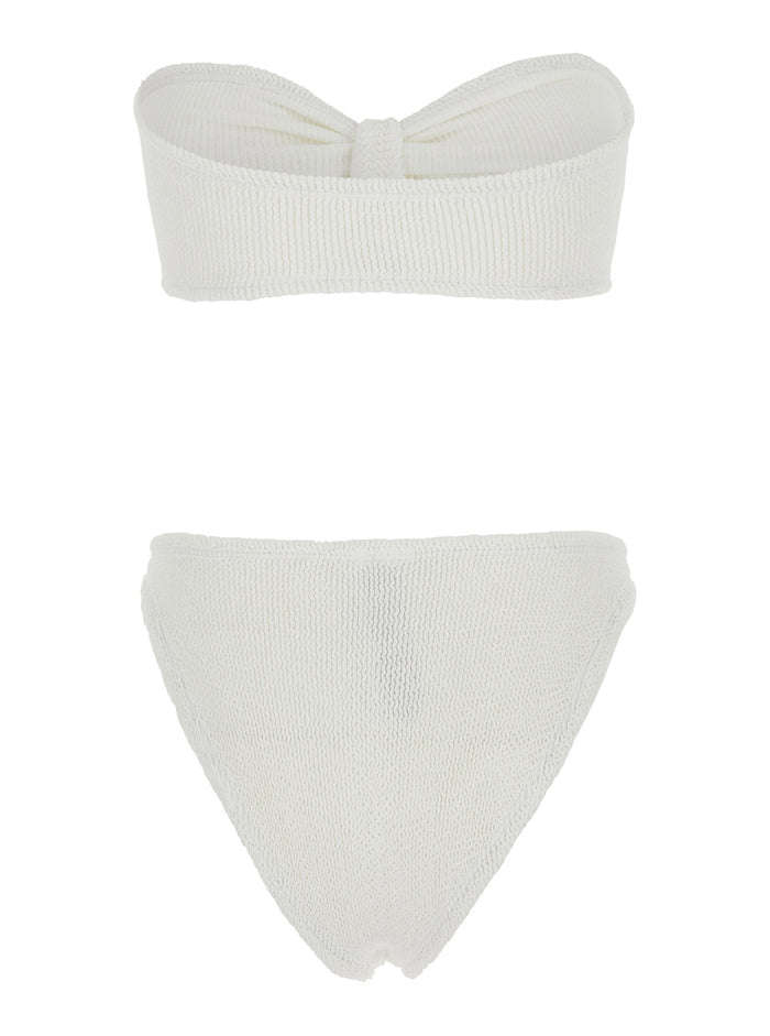 Bikini Jean with Bandeau Design and Front Knot in White Tech Fabric for Women Beachwear