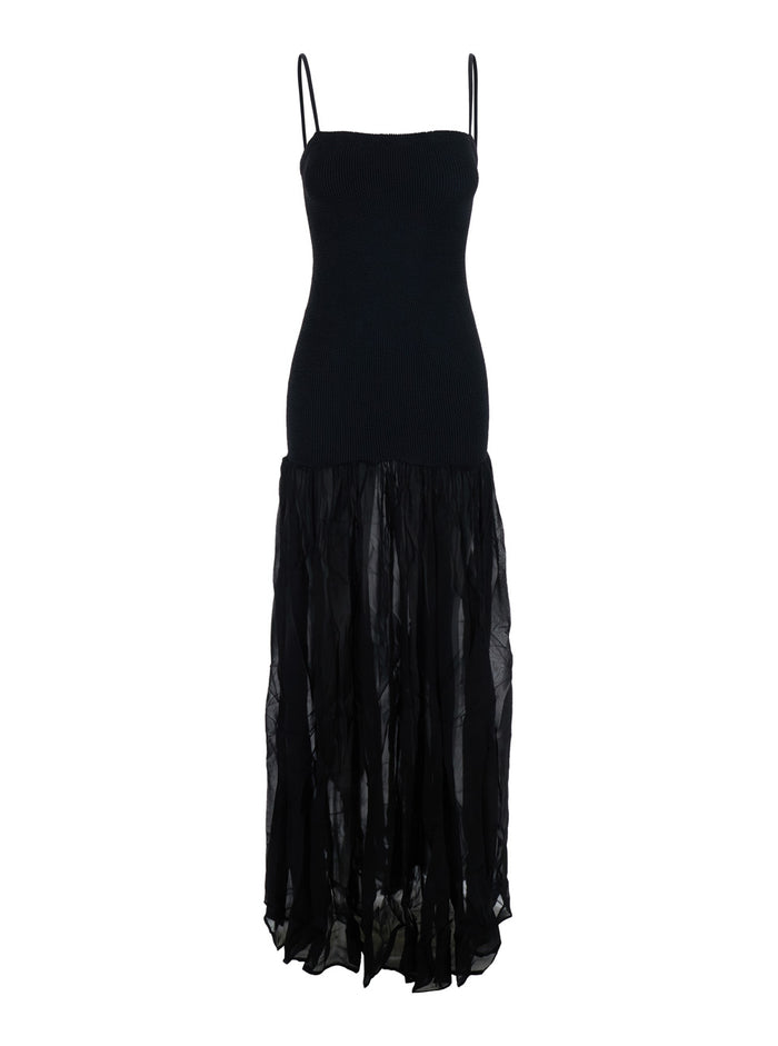 Long Dress Hybrid Black With V-Neck And Sleeves Tech Fabric For Women