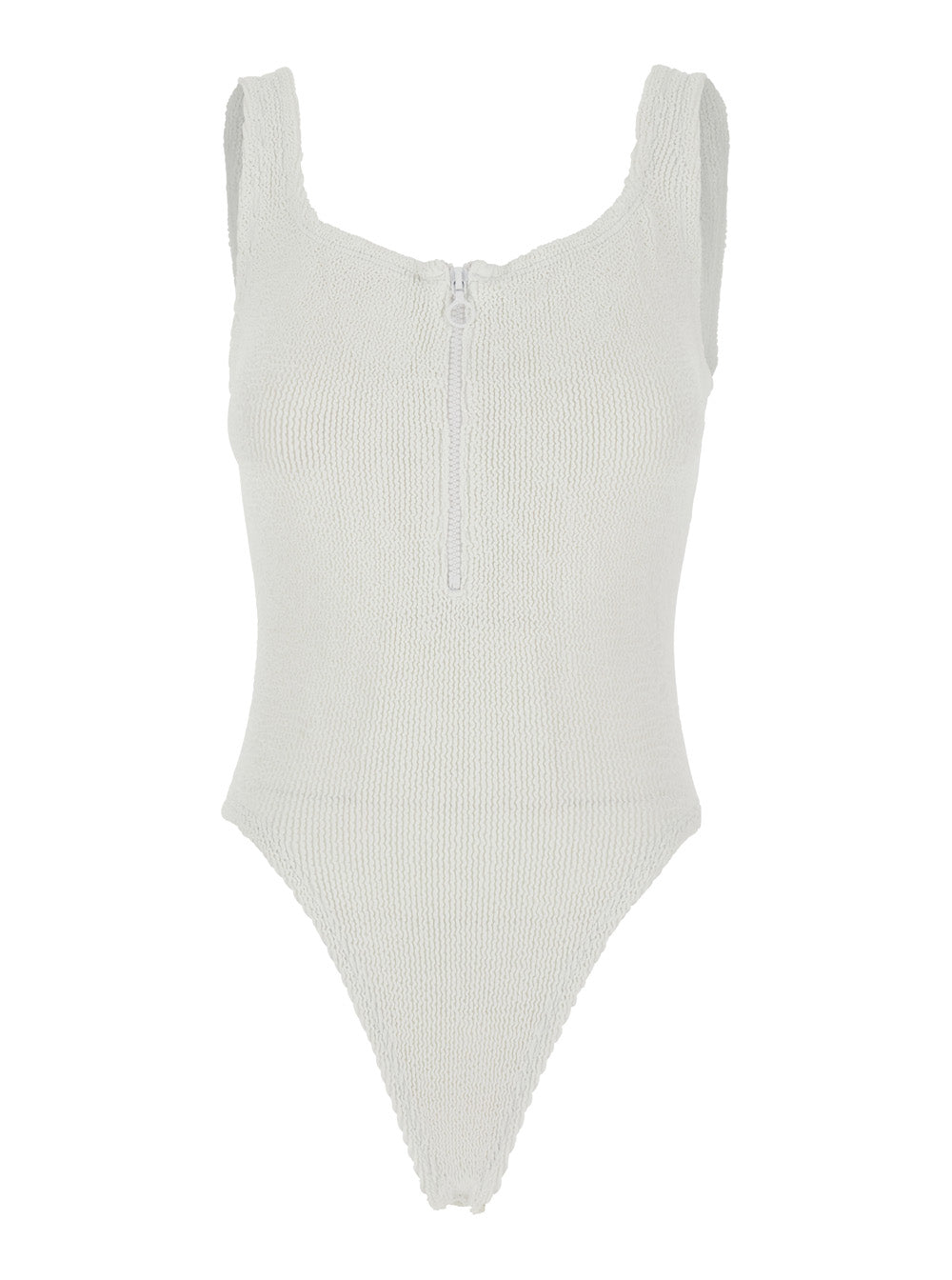 Dallas White One-Piece Swimsuit with Thin Straps and Front Zip in Stretch Tech Fabric Woman Beachwear
