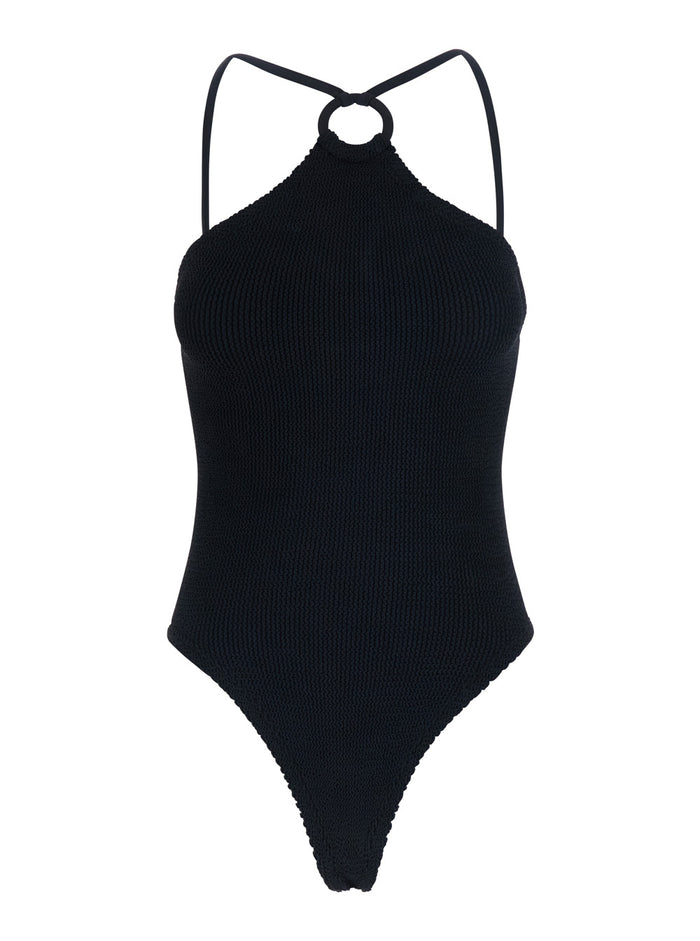 Jasmine Swim Covered Hoop Black - Swimwear With V-Neck Details Tech Fabric Women Beachwear