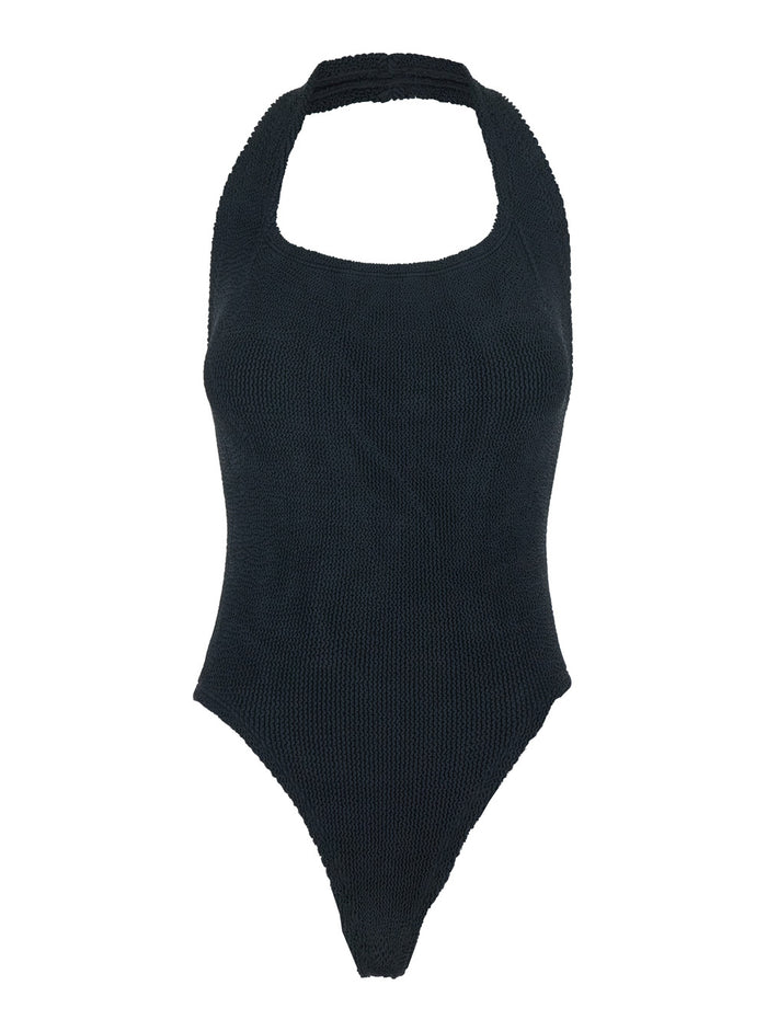 One-Piece Swimsuit Sandy with American Neckline and Open Back in Black Tech Fabric for Women Beachwear