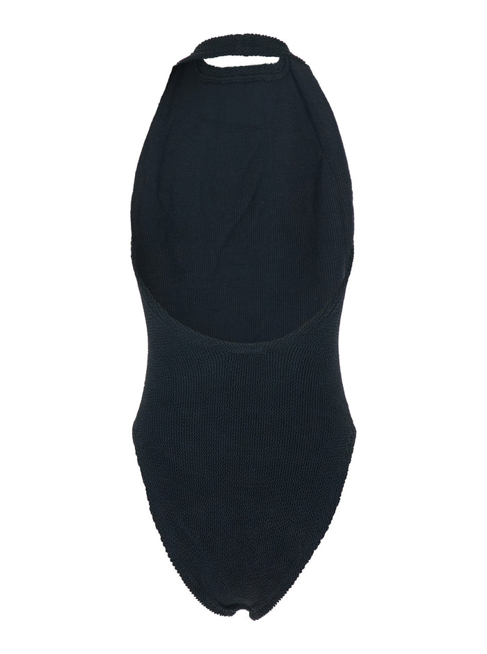 One-Piece Swimsuit Sandy with American Neckline and Open Back in Black Tech Fabric for Women Beachwear