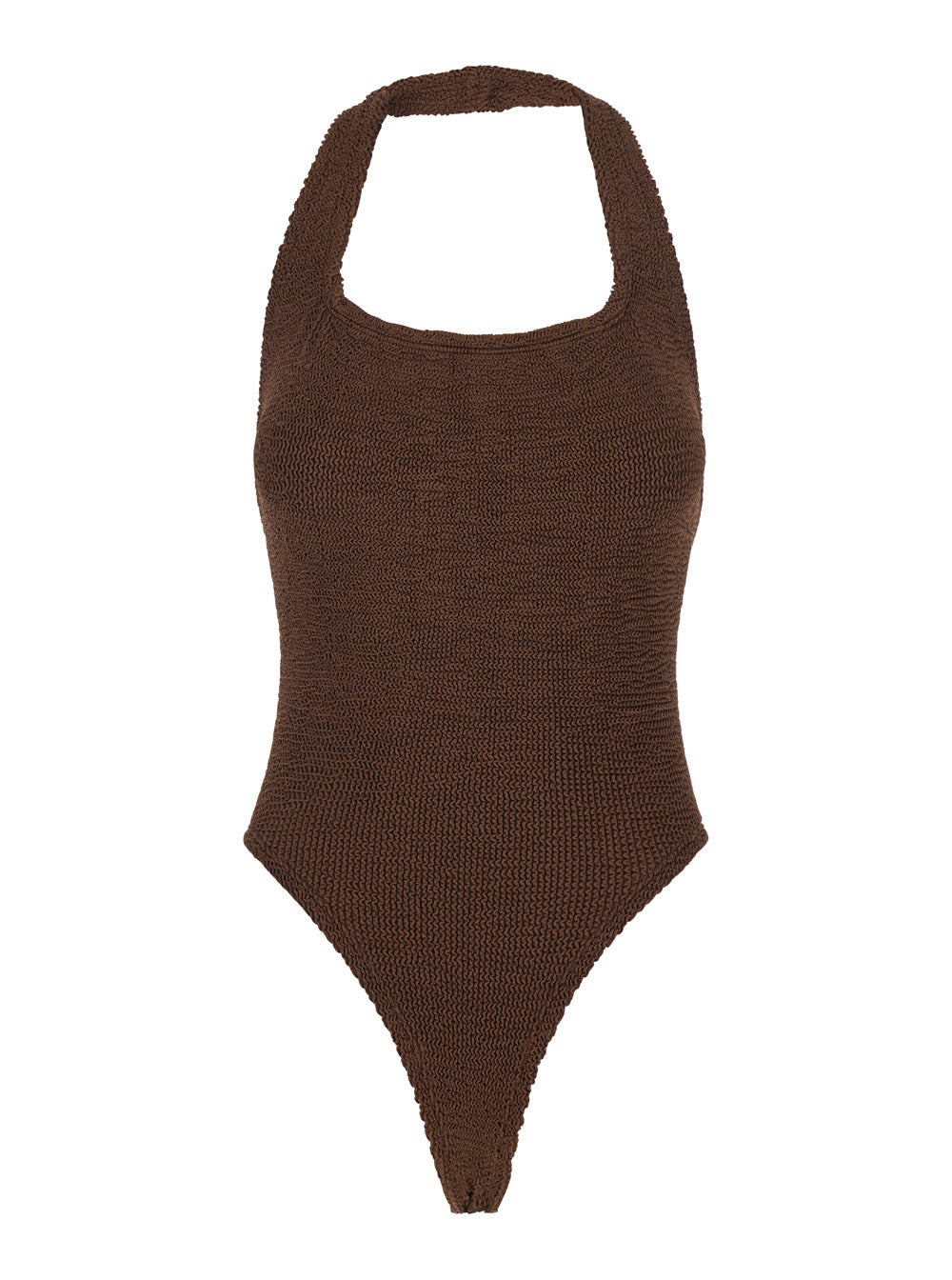 Sandy Brown One-Piece Swimsuit with Halterneck and Open Rear in Tech Fabric Woman Beachwear