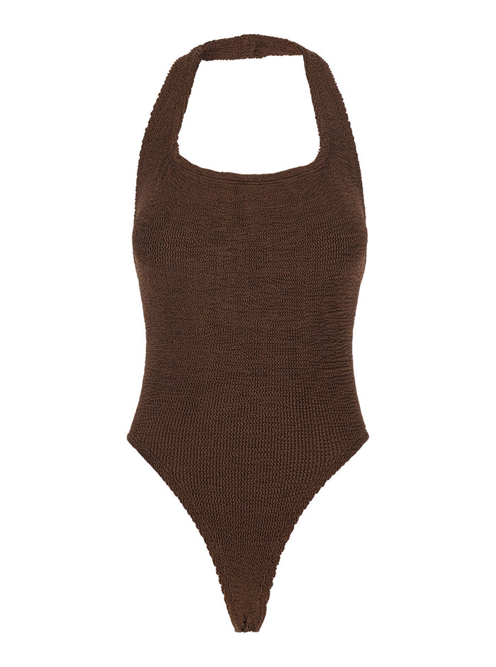 Sandy Brown One-Piece Swimsuit with Halterneck and Open Rear in Tech Fabric Woman Beachwear