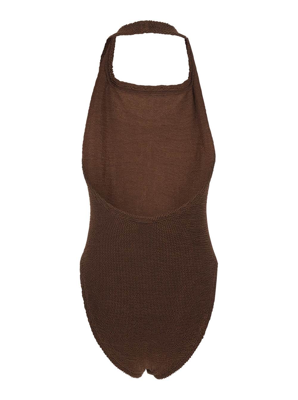 Sandy Brown One-Piece Swimsuit with Halterneck and Open Rear in Tech Fabric Woman Beachwear