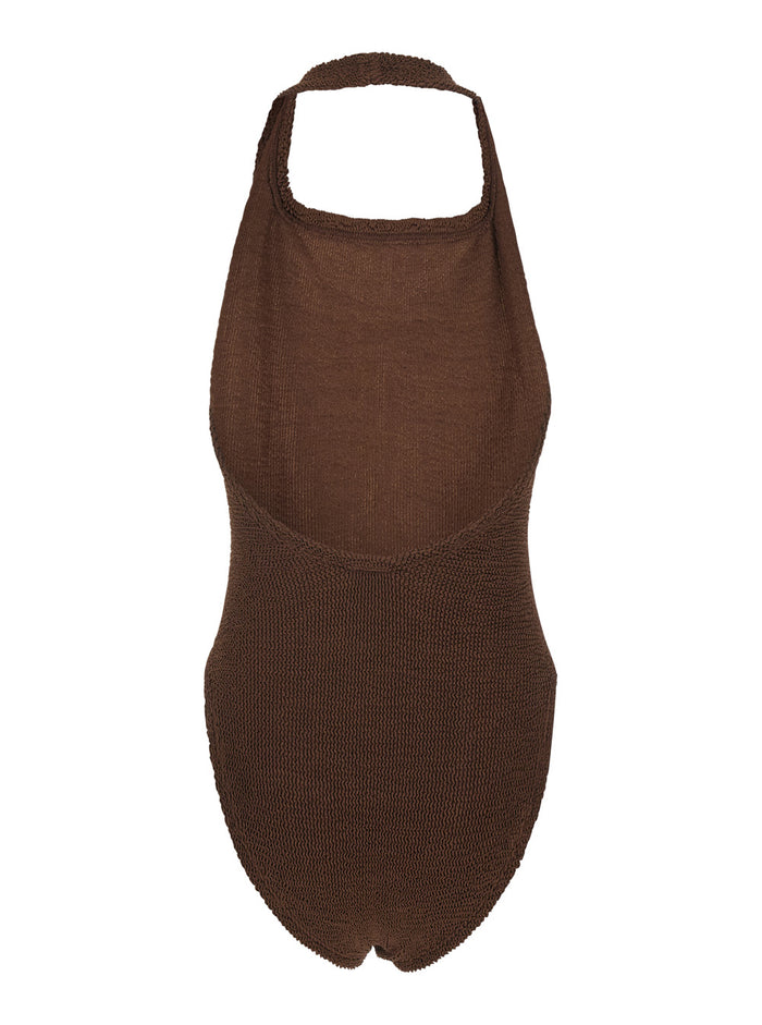 Sandy Brown One-Piece Swimsuit with Halterneck and Open Rear in Tech Fabric Woman Beachwear