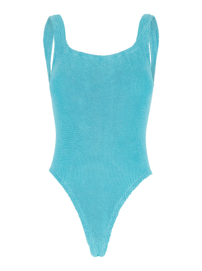 One-Piece Swimsuit SQUARE Blue with Neckline in Tech Fabric Stretch for Women Light Polyamide Elastane Beachwear