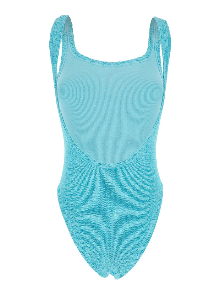 One-Piece Swimsuit SQUARE Blue with Neckline in Tech Fabric Stretch for Women Light Polyamide Elastane Beachwear