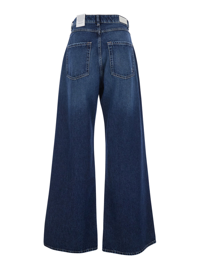 Blue Jeans with Wide Leg and Logo Patch on the Back Womens Denim Blu Cotton