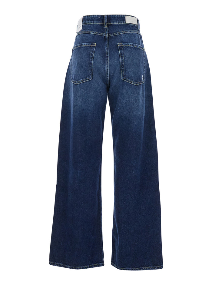 Wide Leg Jeans with Logo Patch on the Back in Blue Denim for Women Blu Cotton