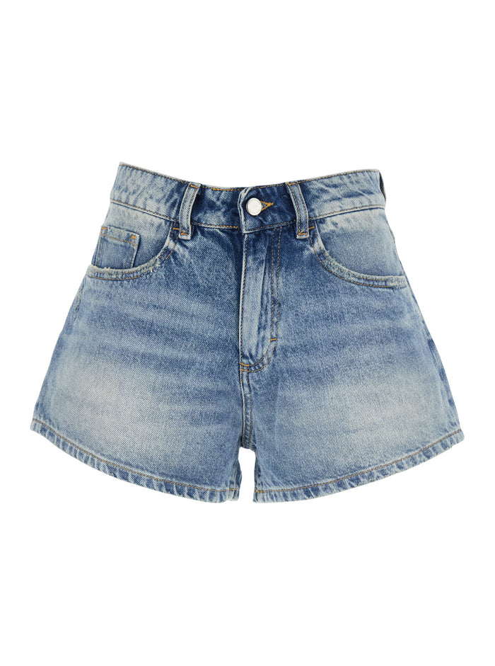 Blue Shorts with Wide Leg and Logo Patch on the Back in Denim Women Blu Cotton Bermuda