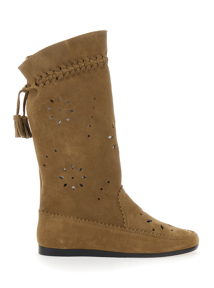 Brown Boots With Back Tassel And Flat Sole Suede Woman