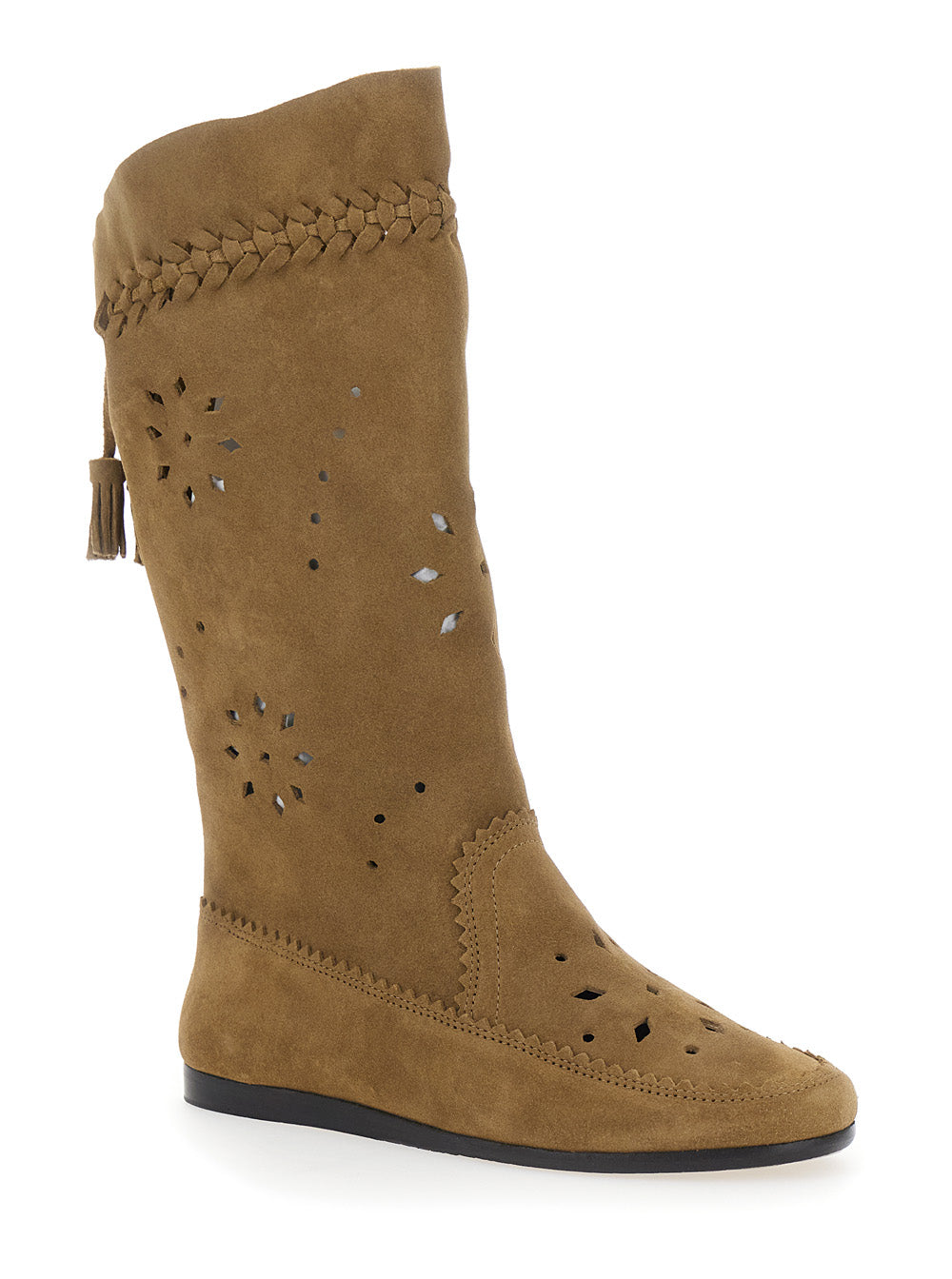 Brown Boots With Back Tassel And Flat Sole Suede Woman