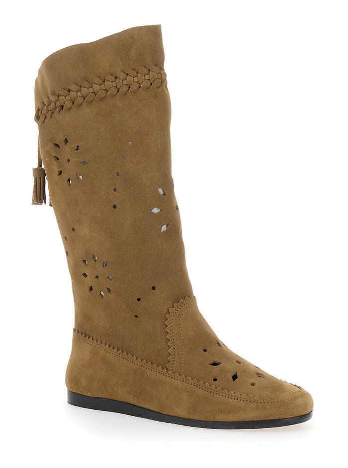 Brown Boots With Back Tassel And Flat Sole Suede Woman