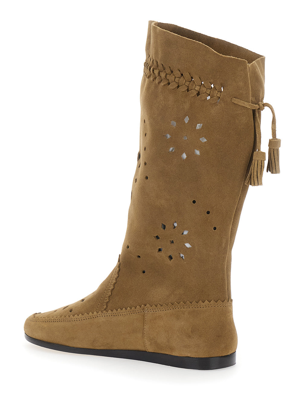 Brown Boots With Back Tassel And Flat Sole Suede Woman