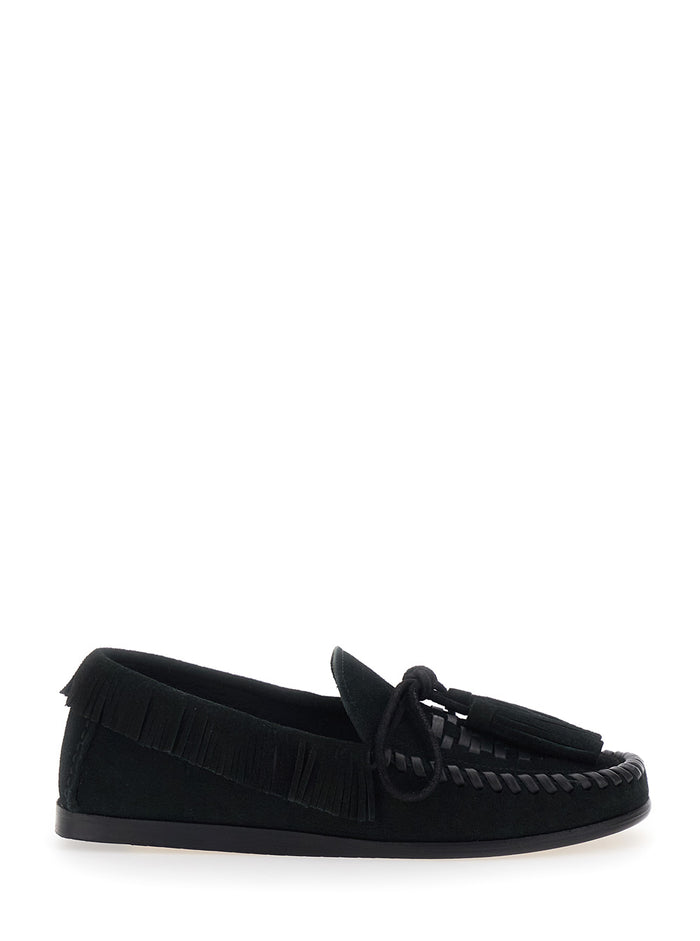 Loafers Fitza with Fringed Details and Bow on the Front in Black Suede for Women Calf
