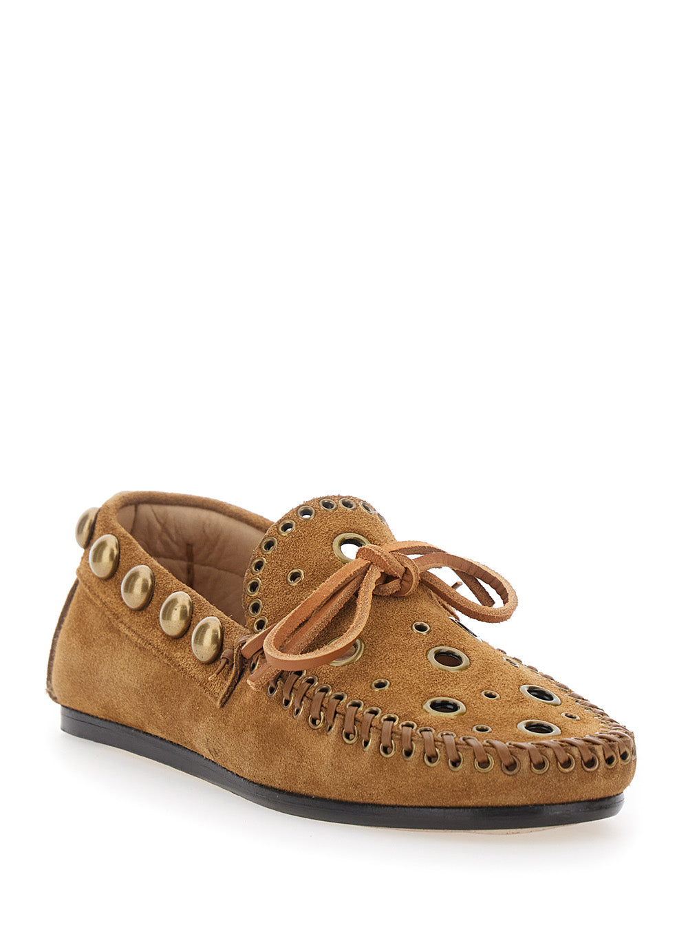 Lolly Brown Loafers With Cut-Out On The Front And All-Over Metal Details Suede For Women
