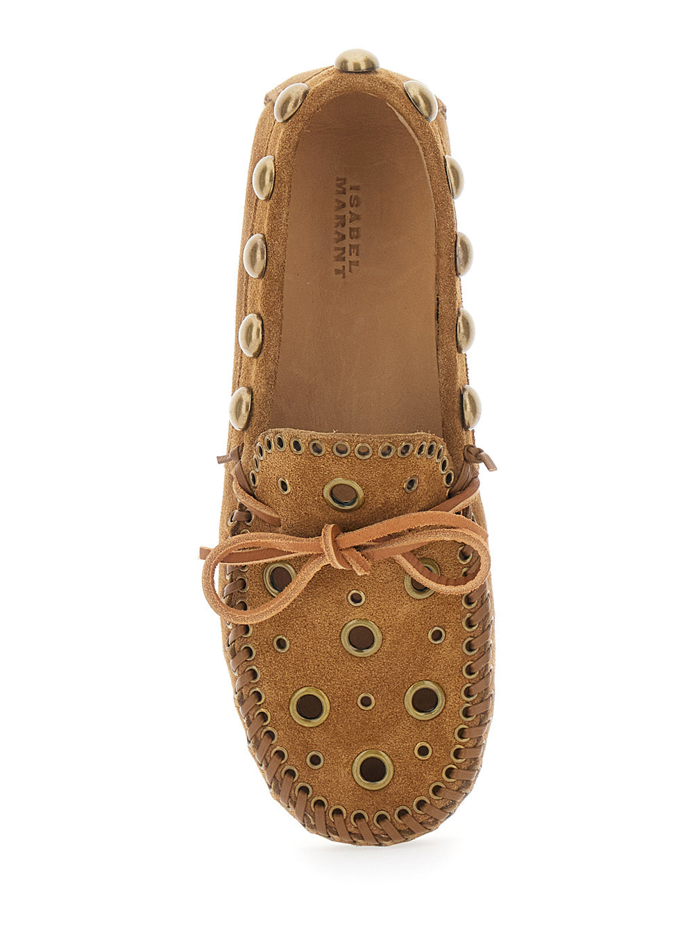 Lolly Brown Loafers With Cut-Out On The Front And All-Over Metal Details Suede For Women