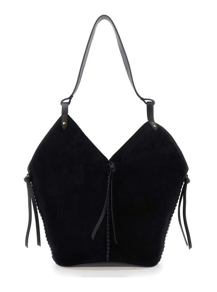 Shoulder Bag Tampa with Single Strap and Suede Knot Detail for Women Black Calf
