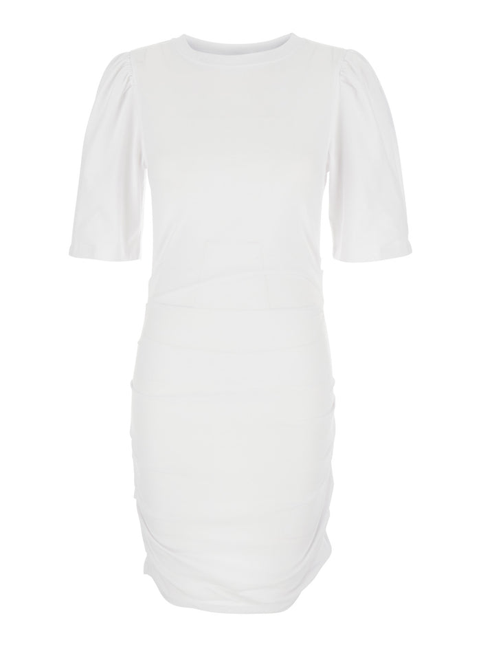 Mylda White Crew Neck Dress With Pleated Details Cotton Woman
