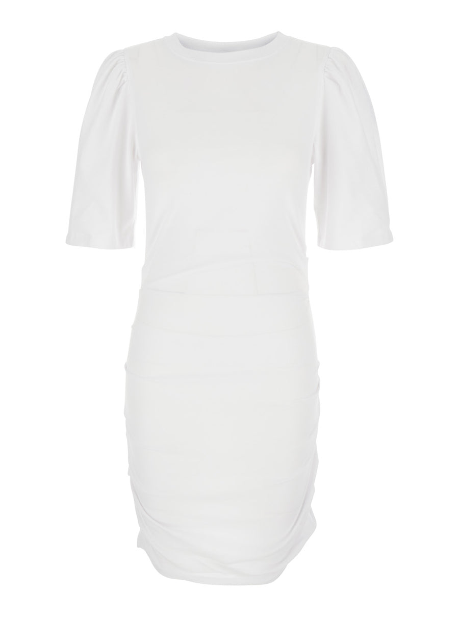 White Crew Neck Dress With Pleated Details Cotton