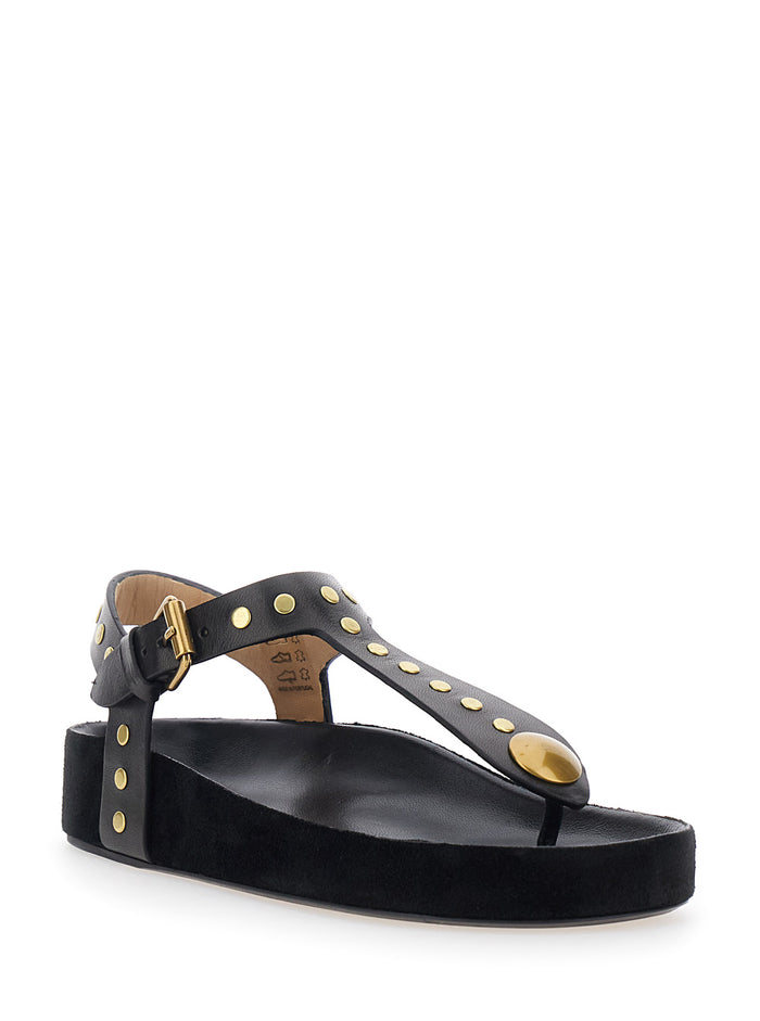 Enore Black Sandals with Stud Details in Leather Woman Flat Shoes