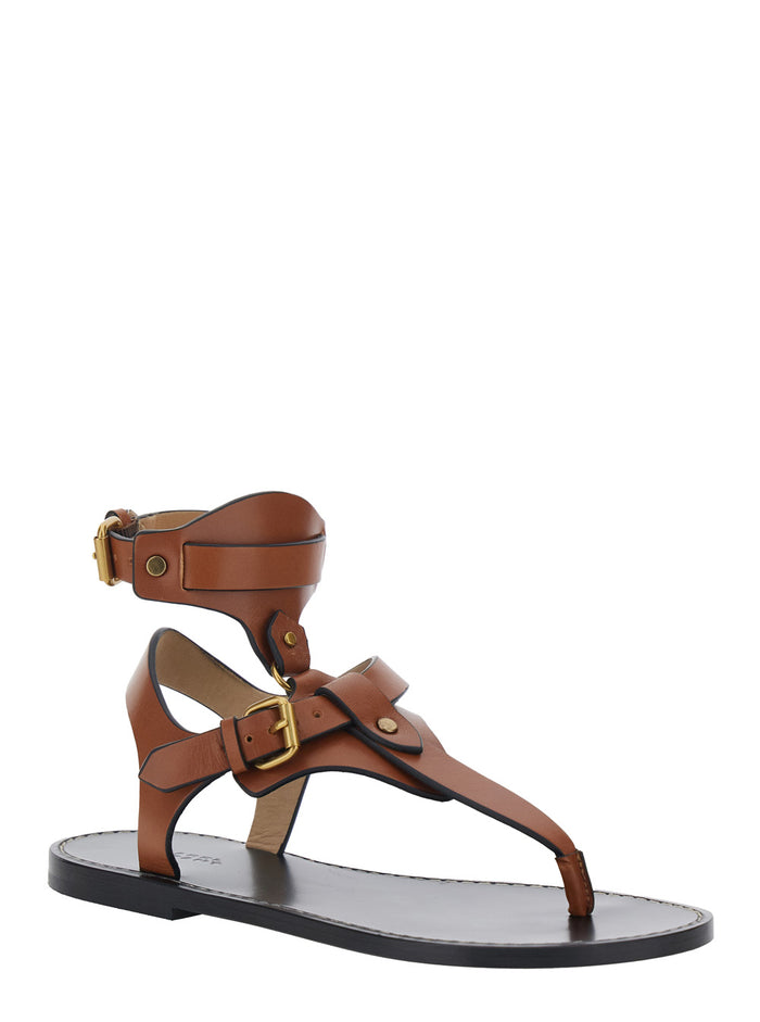 Eveena Sandals with Adjustable Buckle Closure in Brown Leather for Women Calf Flat Shoes
