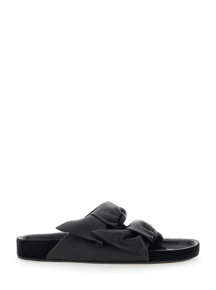 Lennyo Black Slip-On Sandals with Bow Details in Leather WOman Flat Shoes