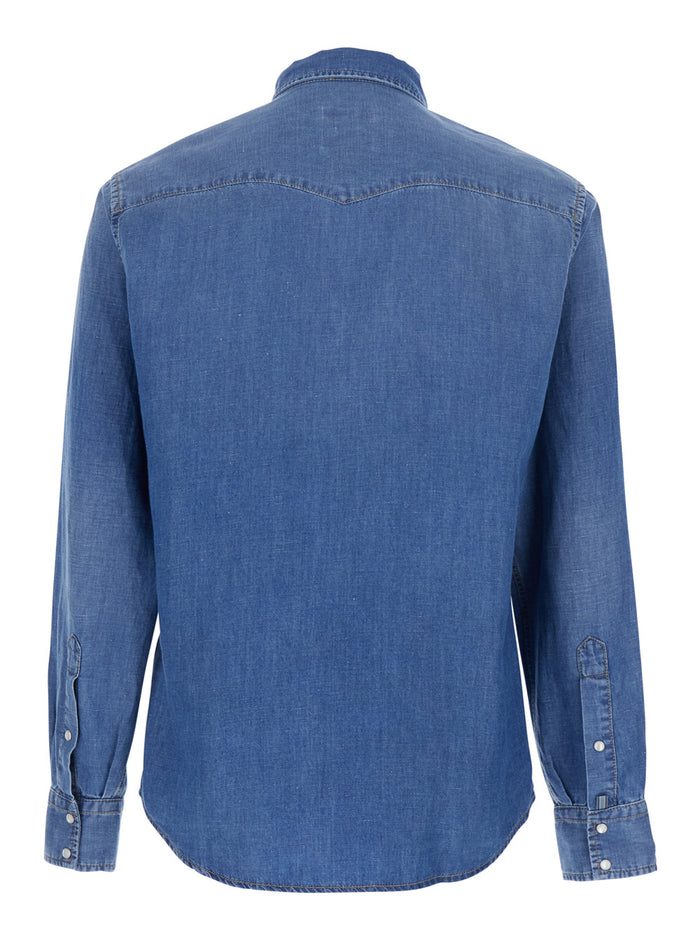 Blue WESTERN Shirt with Classic Collar and Long Sleeves in Cotton Linen for Men Blu Blouses