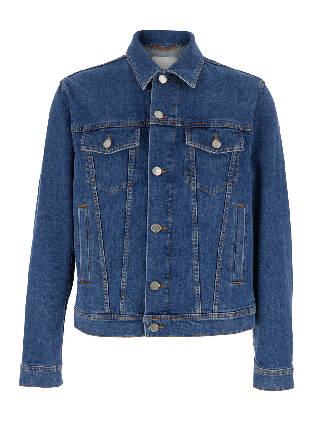 Blue Jacket with Classic Collar and Logo Patch on the Rear in Denim Man Blu Cotton Elastane Outerwear