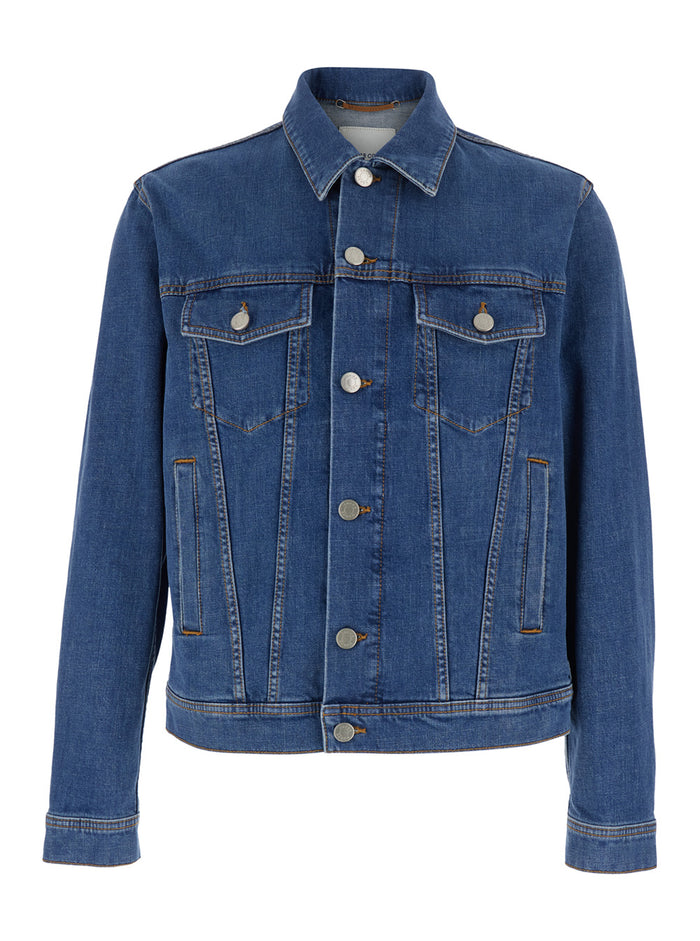 Blue Jacket with Classic Collar and Logo Patch on the Rear in Denim Man Blu Cotton Elastane Outerwear