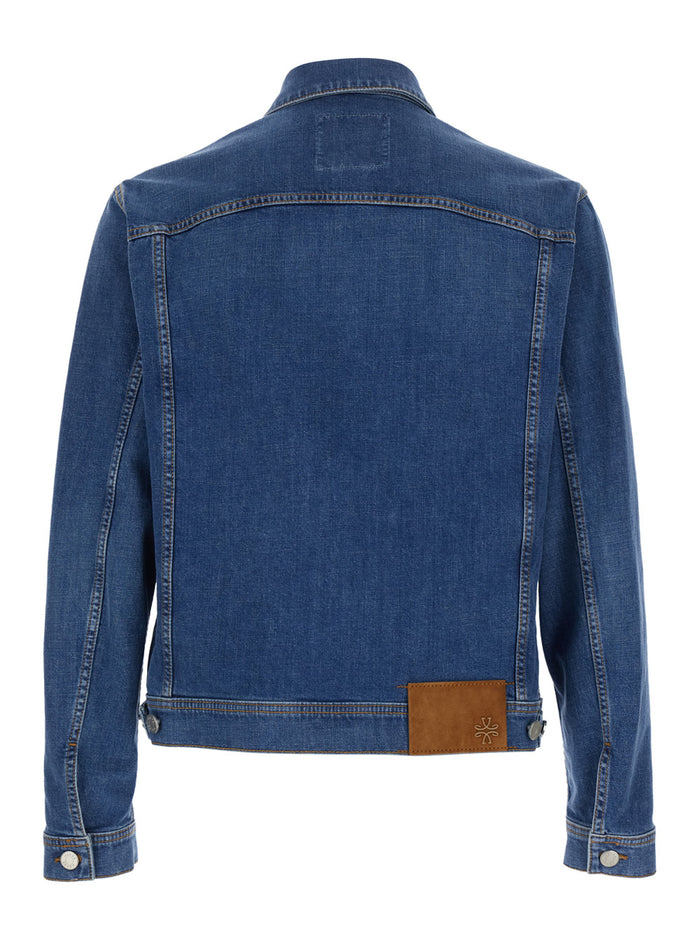 Blue Jacket with Classic Collar and Logo Patch on the Rear in Denim Man Blu Cotton Elastane Outerwear