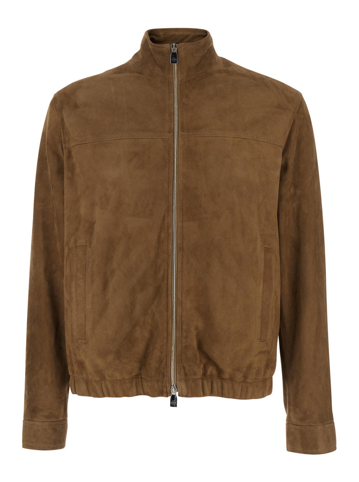 Brown Suede Jacket with High Collar and Zip Closure for Men Outerwear