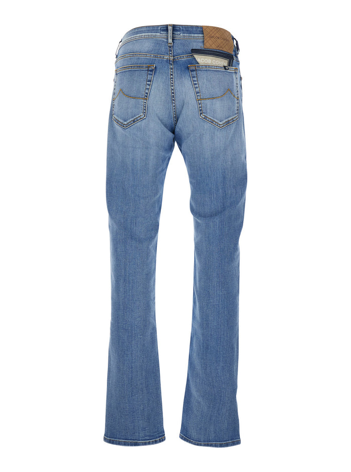 Jeans Bard with Double Logo Patch on the Back and Embroidery Front in Blue Denim for Men Blu Cotton Emerald Elastane