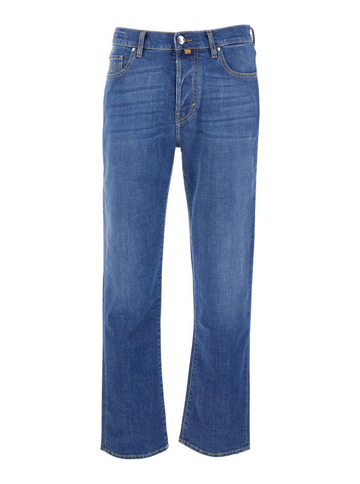 Jeans Edo with Double Logo Patch on the Back and Embroidery Front in Blue Denim for Men Blu Cotton Elastane