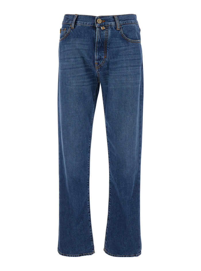 Five-Pocket Jeans With Leather Logo Patch On The Back Blue Denim For Men Blu Cotton