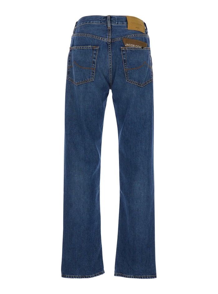 Five-Pocket Jeans With Leather Logo Patch On The Back Blue Denim For Men Blu Cotton