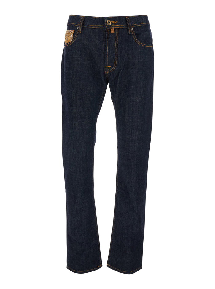 WESTERN Blue Cotton Five-Pocket Jeans for Men Blu Elastane